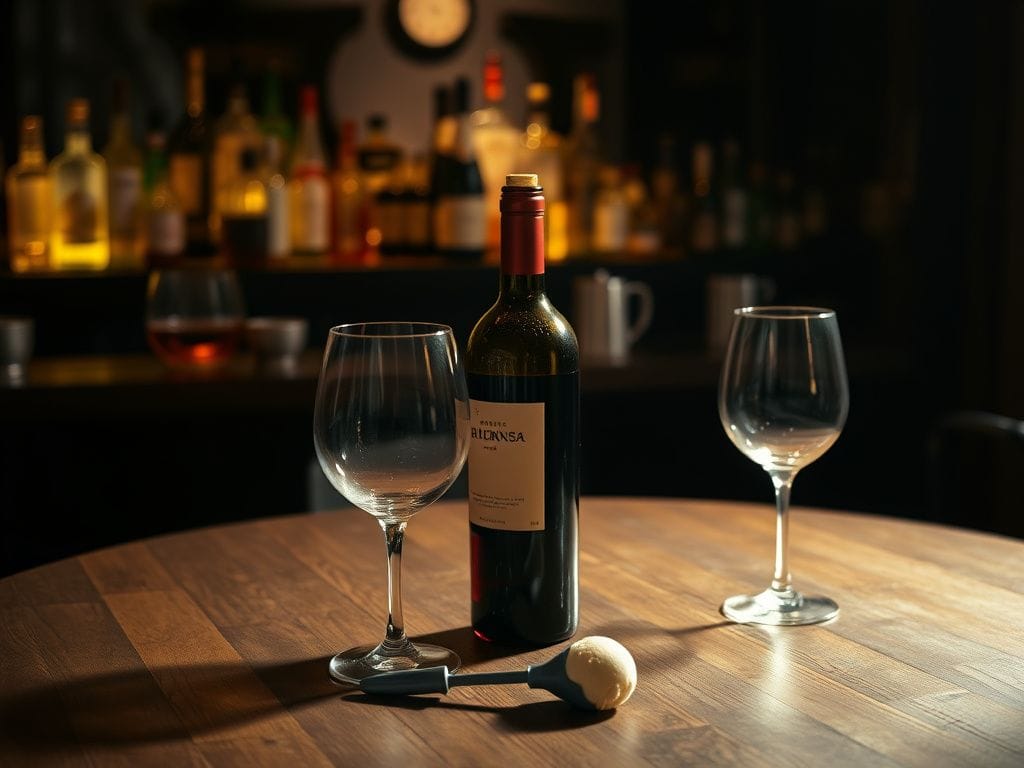 Flick International Serene bar scene with empty wine glasses and a bottle of red wine