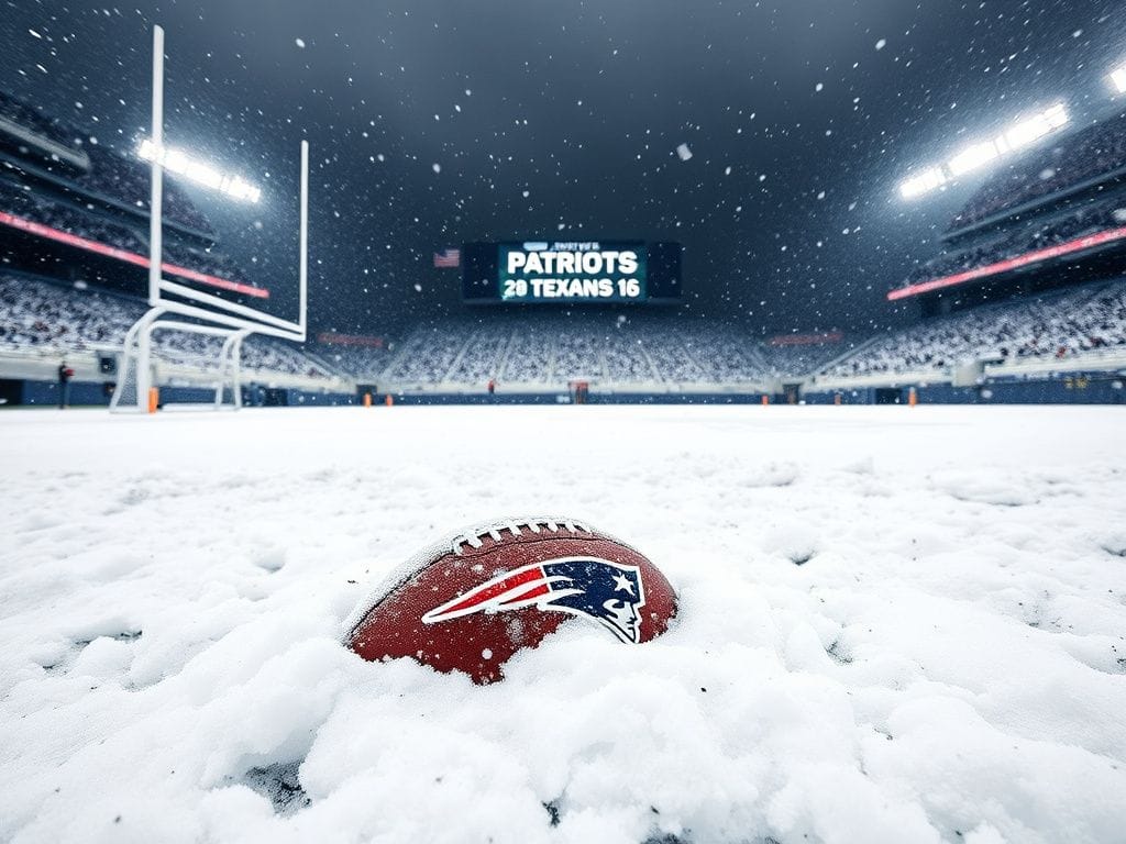 Flick International Snowy football field with Patriots logo and Texans scoreboard during playoff game