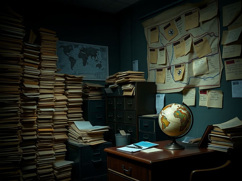 Flick International A dimly lit office filled with documents related to the search for Martin Bormann