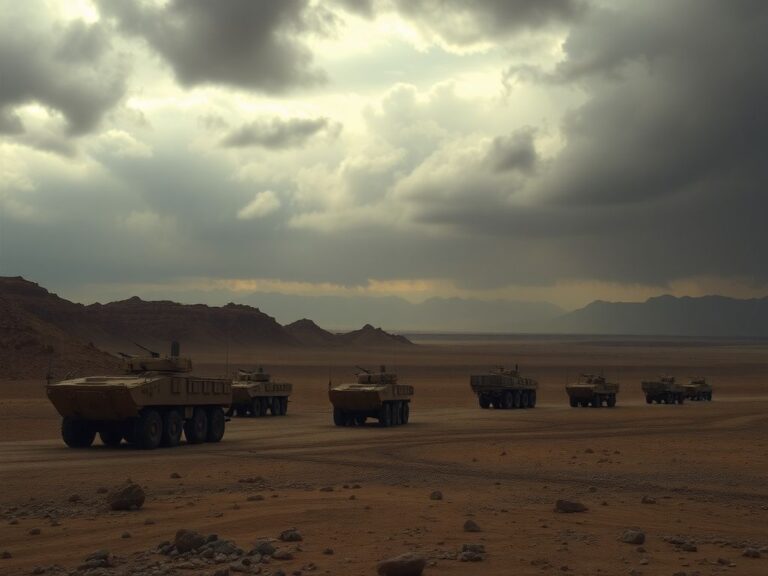 Flick International Military assets positioned on rugged terrain with ominous clouds overhead