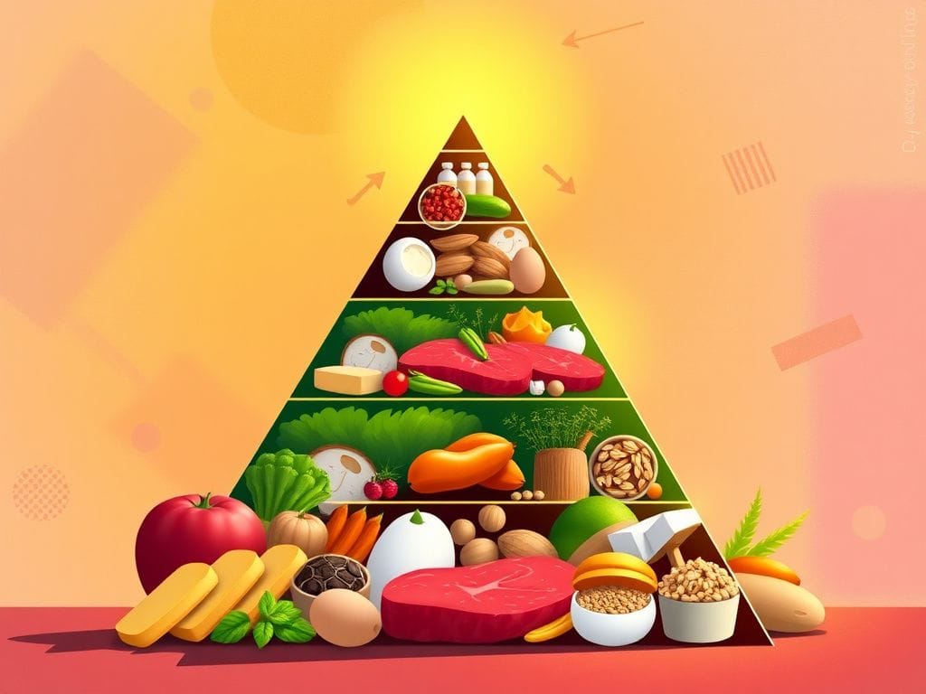 Flick International Modern food pyramid illustration featuring red meat, eggs, and full-fat dairy on a colorful background