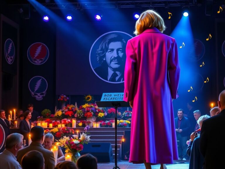 Flick International Nancy Pelosi in a bright magenta suit at Bob Weir tribute event in San Francisco