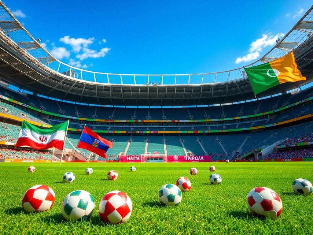 Flick International Vibrant stadium scene with flags and banners representing Iran, Haiti, Ivory Coast, and Senegal amidst scattered soccer balls on green grass.