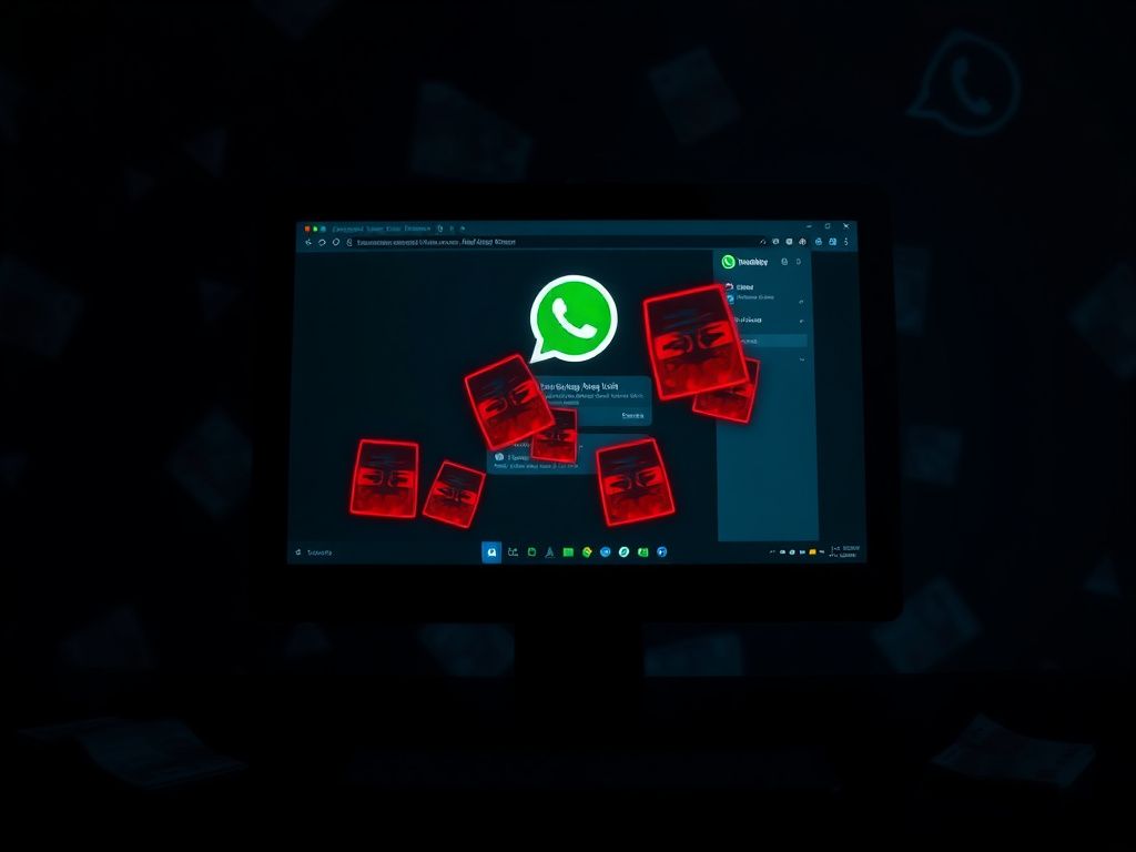 Flick International Dark computer screen showing WhatsApp Web interface with malicious ZIP file icons.