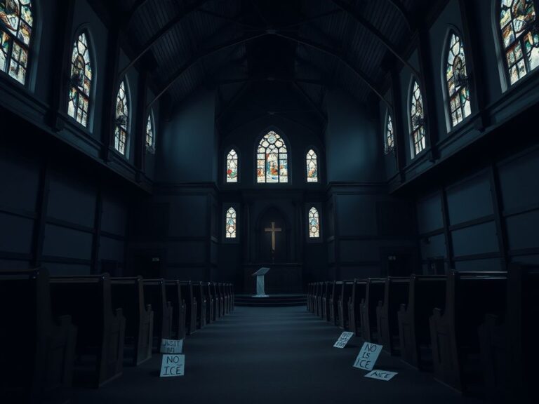 Flick International Empty church sanctuary with scattered protest signs amidst a tense atmosphere