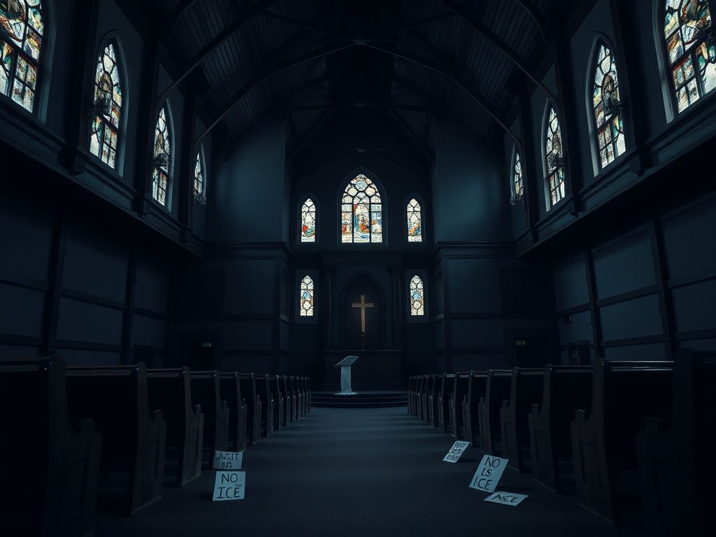Flick International Empty church sanctuary with scattered protest signs amidst a tense atmosphere