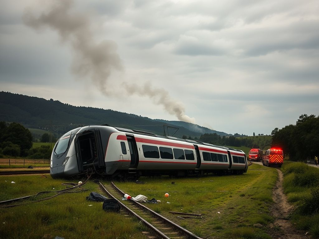 Flick International Aftermath of a high-speed train derailment in southern Spain with mangled cars and smoke rising