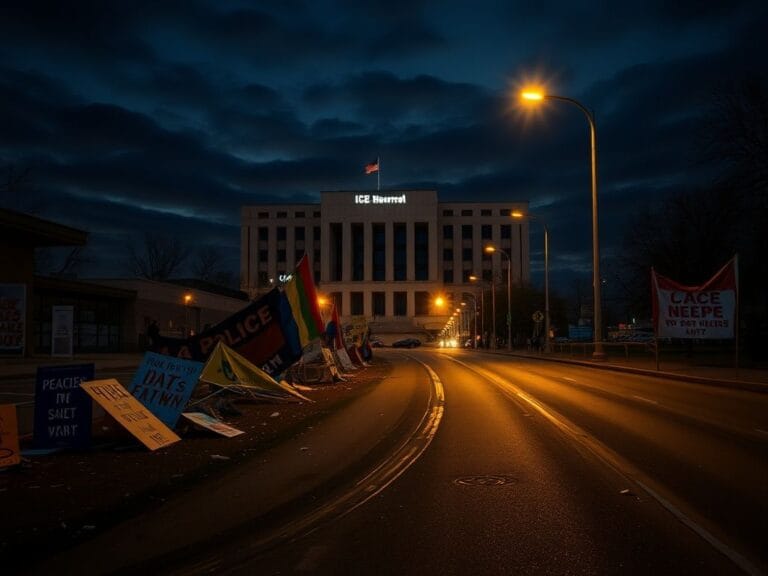 Flick International Dimly lit street in Minnesota with protest signs and ICE headquarters