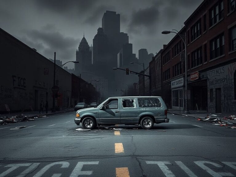 Flick International Empty street in Minneapolis post-protest with graffiti and debris