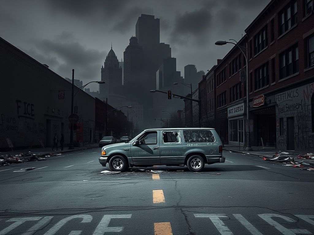 Flick International Empty street in Minneapolis post-protest with graffiti and debris