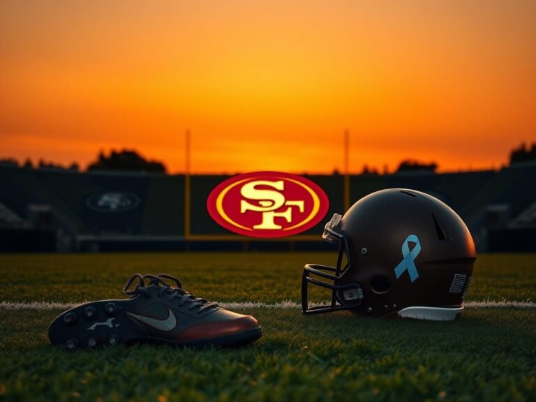 Flick International Serene sunset over a football field with the San Francisco 49ers logo, worn-out football cleats, and a helmet symbolizing Chet Brooks' legacy
