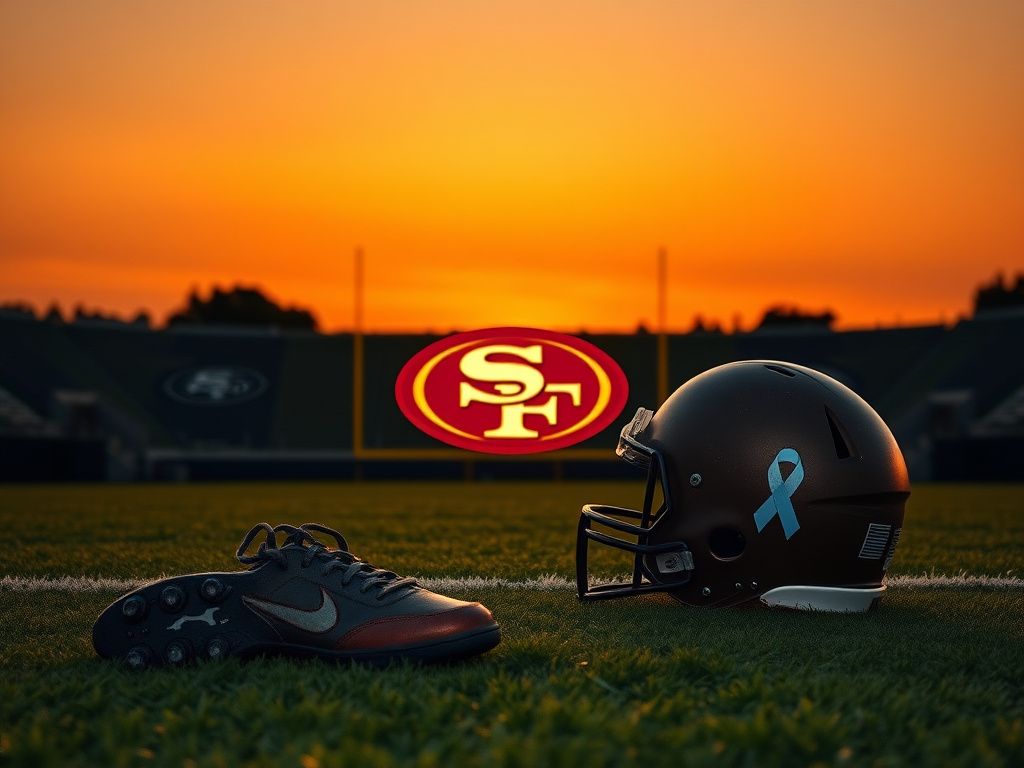 Flick International Serene sunset over a football field with the San Francisco 49ers logo, worn-out football cleats, and a helmet symbolizing Chet Brooks' legacy
