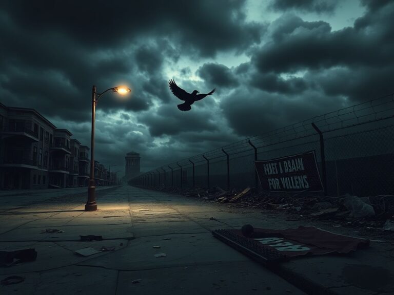 Flick International A somber urban landscape depicting the aftermath of violence with abandoned buildings and debris.