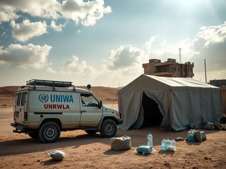 Flick International UNRWA aid vehicle parked beside a temporary shelter in a barren landscape