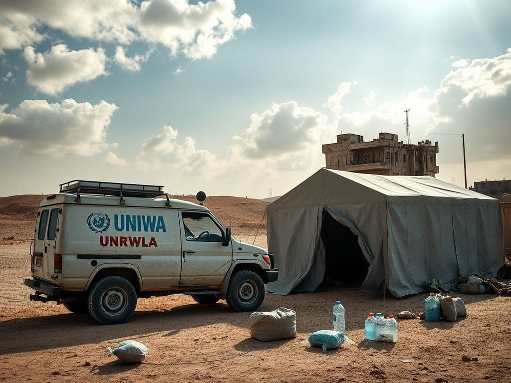 Flick International UNRWA aid vehicle parked beside a temporary shelter in a barren landscape
