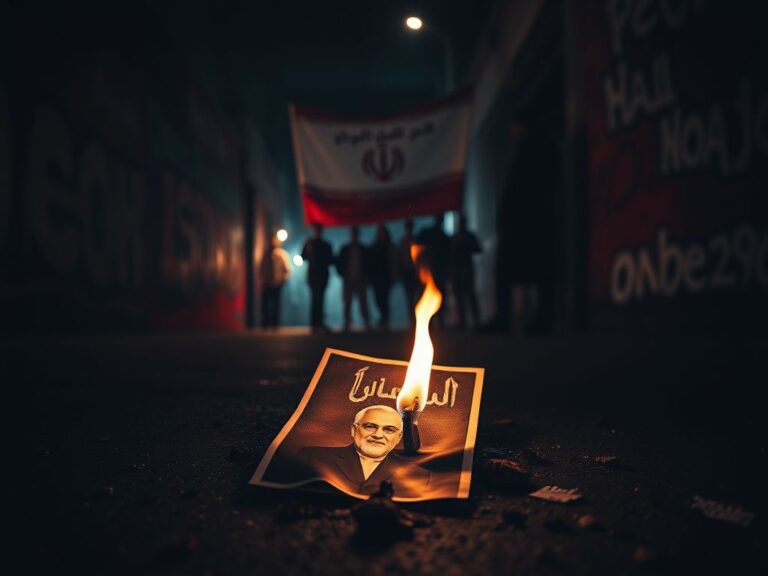 Flick International Dark street scene with a burnt photo of Iran's supreme leader and flickering flame