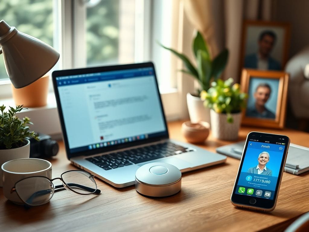 Flick International A serene home office setup designed for seniors with a laptop, reading glasses, and comforting decor.