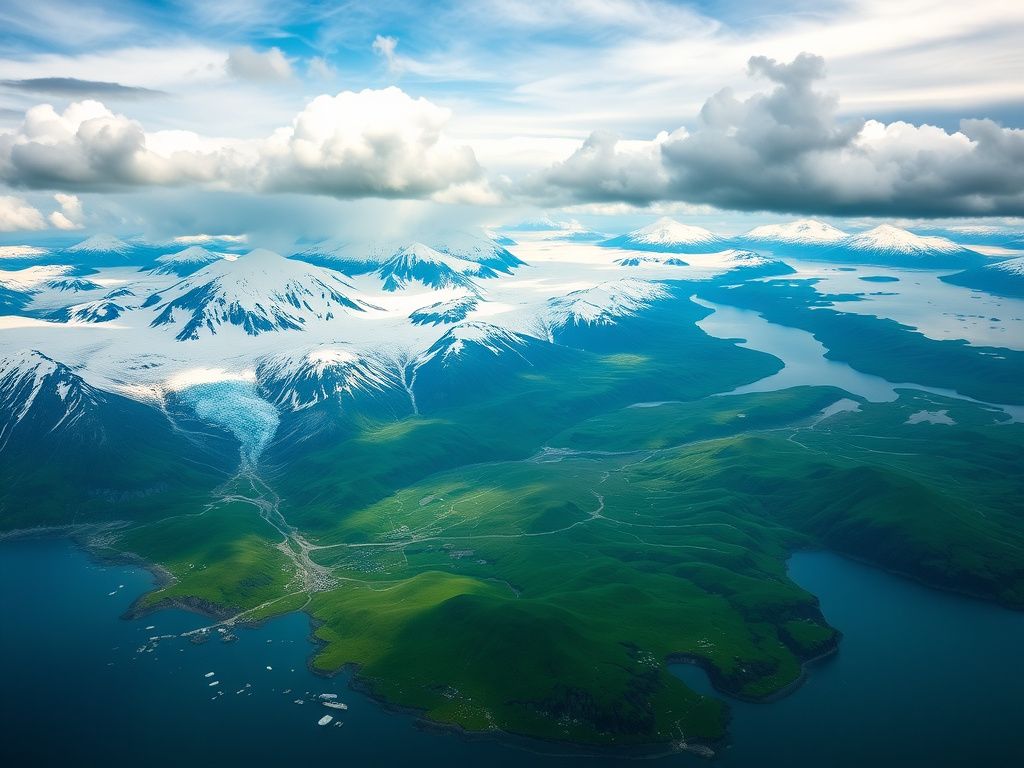 Flick International A sweeping aerial view of Greenland showcasing glaciers and military presence