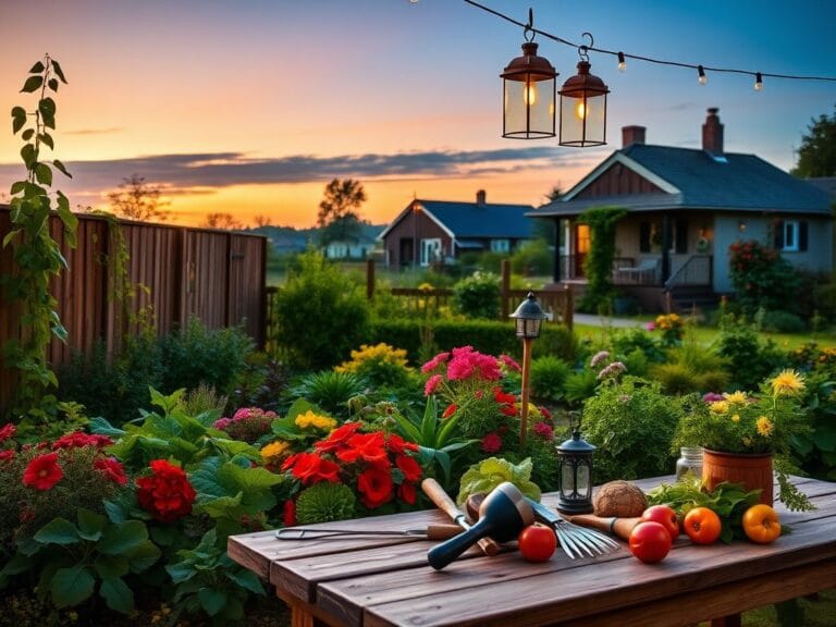 Flick International A serene garden at dusk with vibrant flowers and vegetables surrounded by a rustic wooden fence.