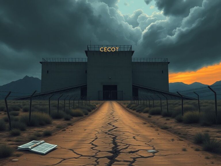 Flick International Dramatic illustration of the maximum-security prison CECOT in a desolate landscape.