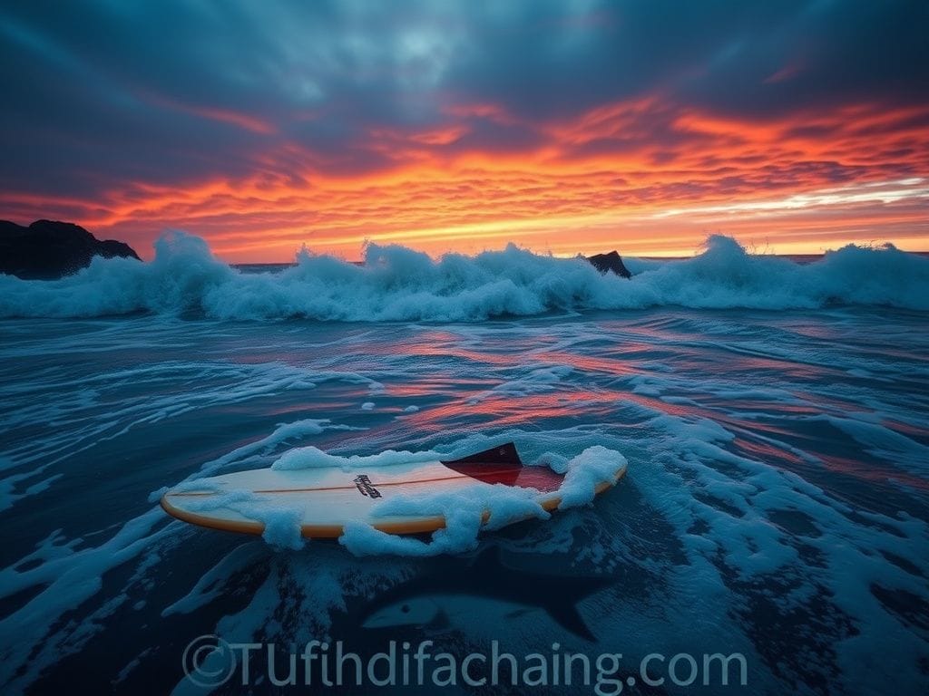 Flick International Shattered surfboard floating in turbulent ocean waters at sunrise