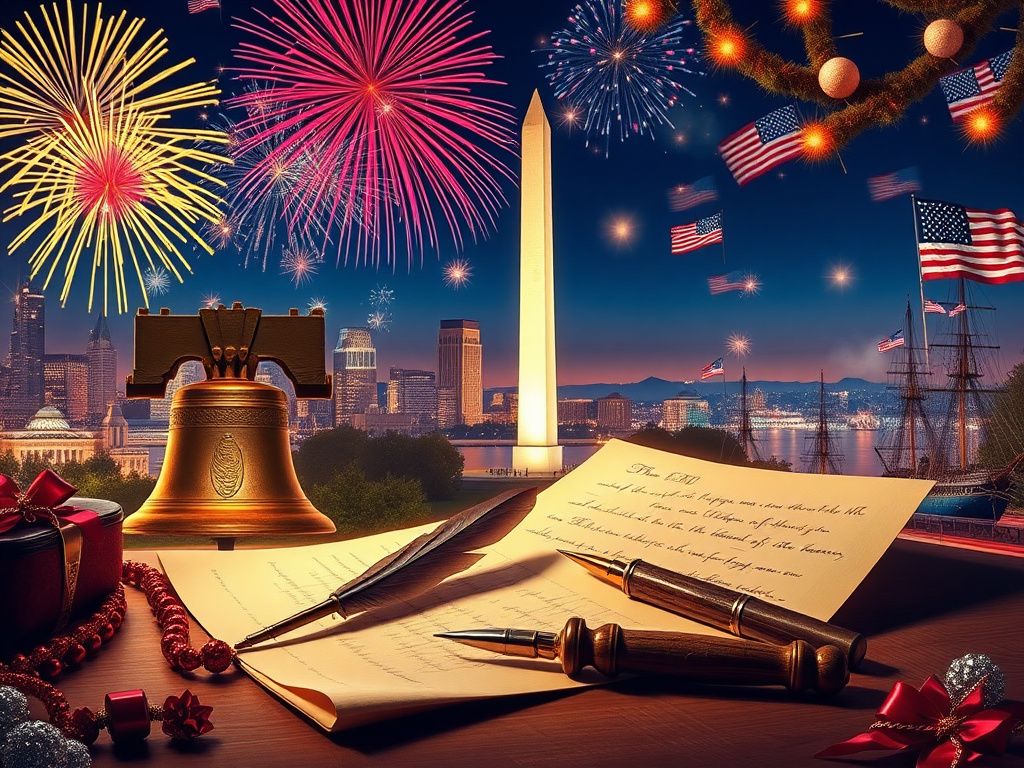 Flick International Vibrant landscape of iconic American historical landmarks illuminated by festive lights