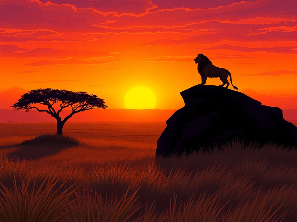 Flick International Majestic lion silhouette on rocky outcrop against a vibrant sunset sky