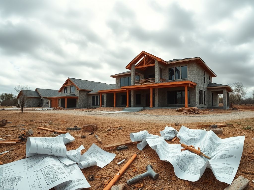 Flick International Panoramic view of a partially constructed dream home in Texas with unfinished sections and construction debris