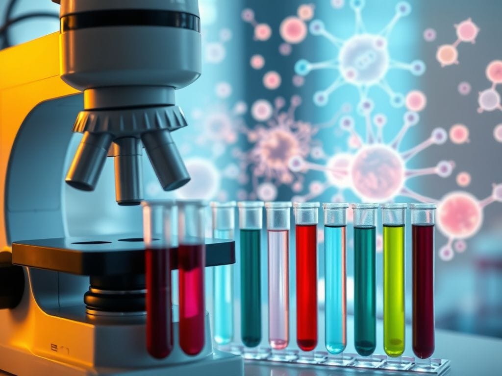 Flick International Close-up view of a laboratory blood testing apparatus with a microscope and colorful test tubes