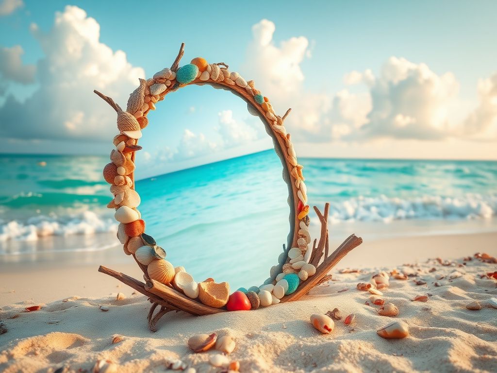 Flick International Christie Brinkley showcasing her bikini body next to a creatively crafted beach mirror