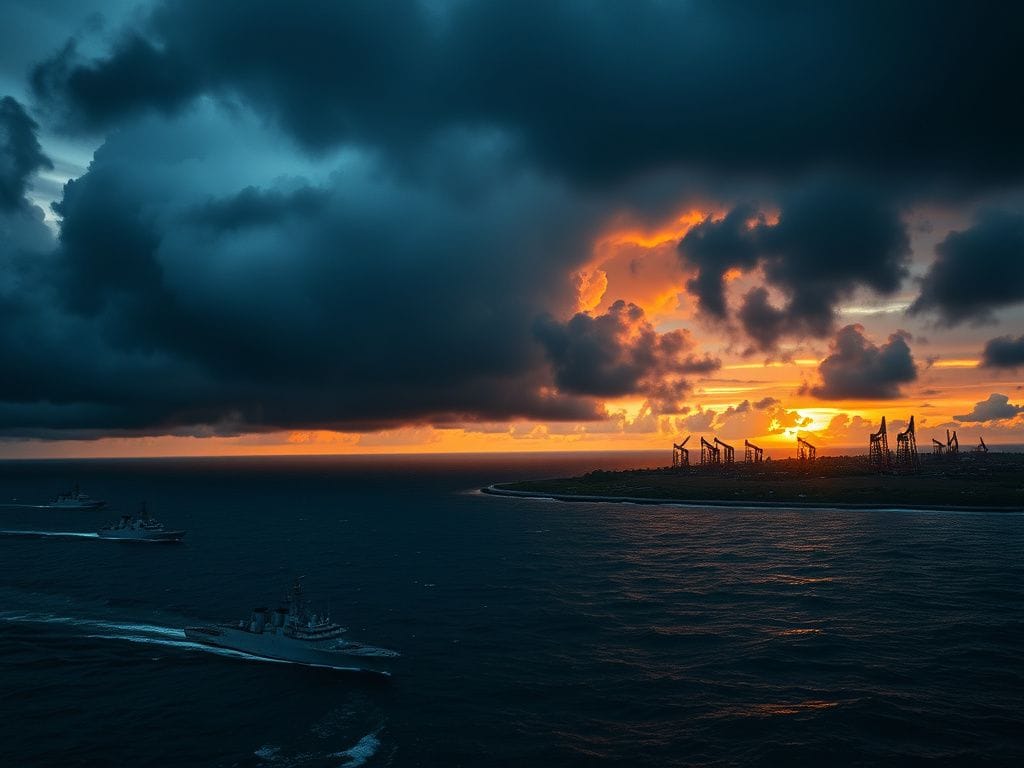 Flick International Aerial view of Caribbean coastline with naval ships and oil wells against a sunset