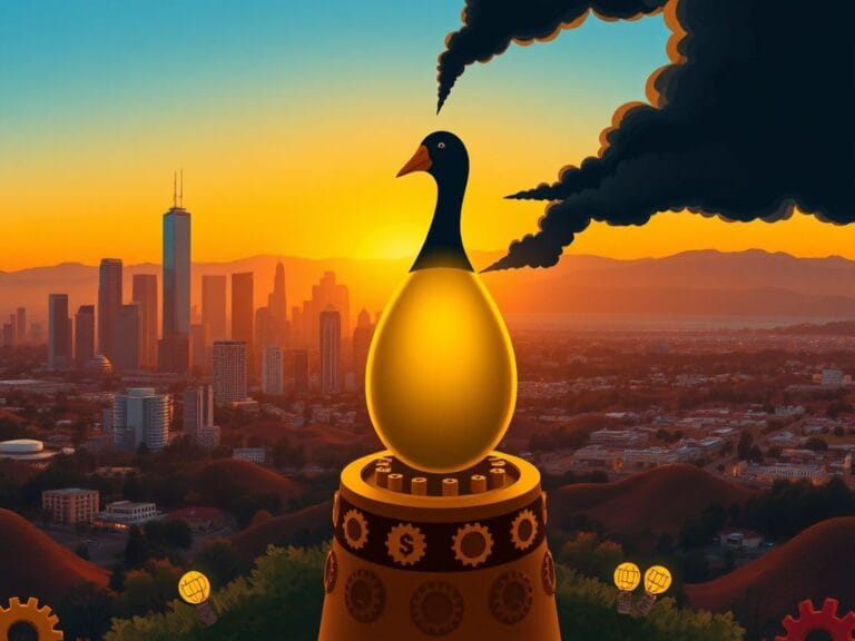 Flick International Stylized depiction of Silicon Valley skyline at sunset with a golden egg symbolizing capitalism