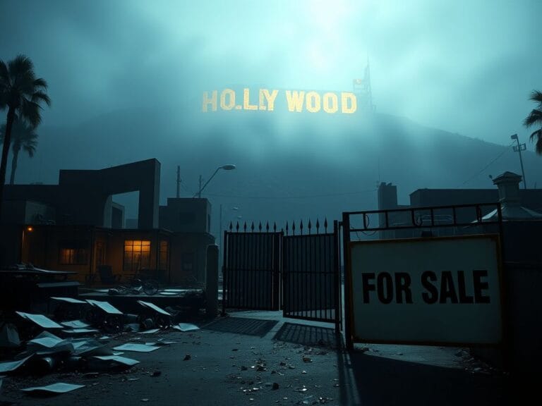 Flick International A dimly lit Hollywood studio lot with faded marquee lights and the iconic Hollywood sign partially obscured by fog
