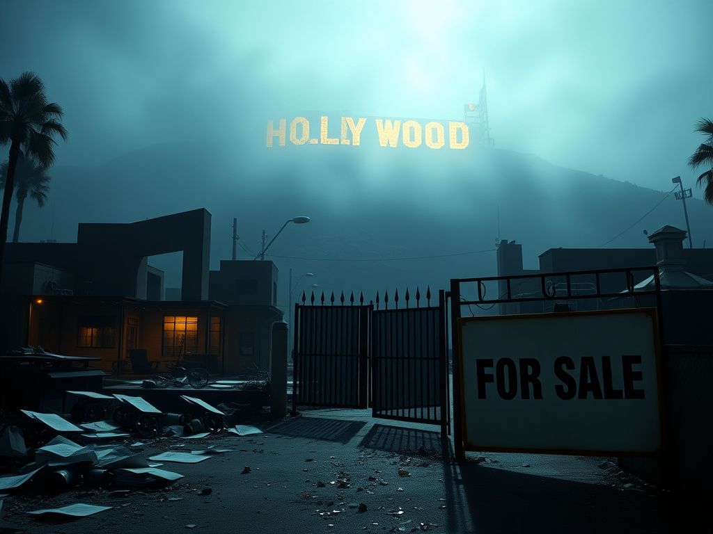 Flick International A dimly lit Hollywood studio lot with faded marquee lights and the iconic Hollywood sign partially obscured by fog