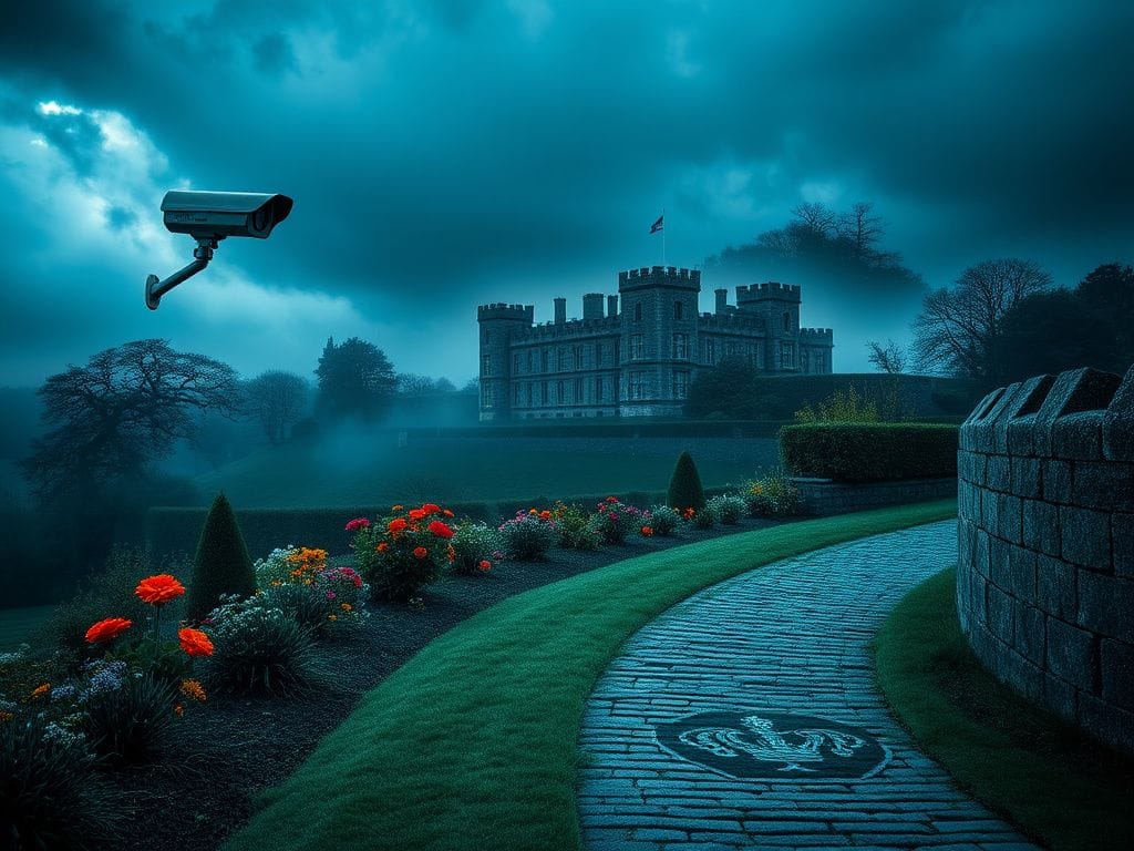 Flick International A serene British landscape featuring a grand historic castle partially shrouded in mist, with a colorful garden in the foreground