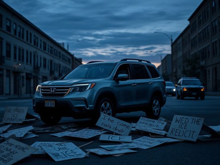 Flick International A somber urban landscape at twilight featuring a weathered Honda Pilot SUV beside protest signs against ICE operations.