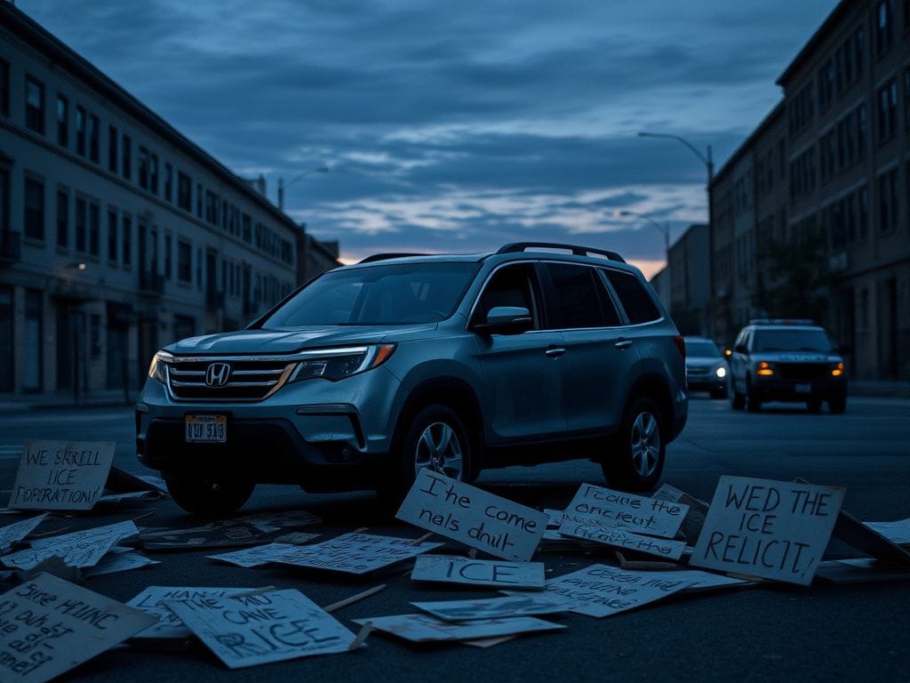 Flick International A somber urban landscape at twilight featuring a weathered Honda Pilot SUV beside protest signs against ICE operations.