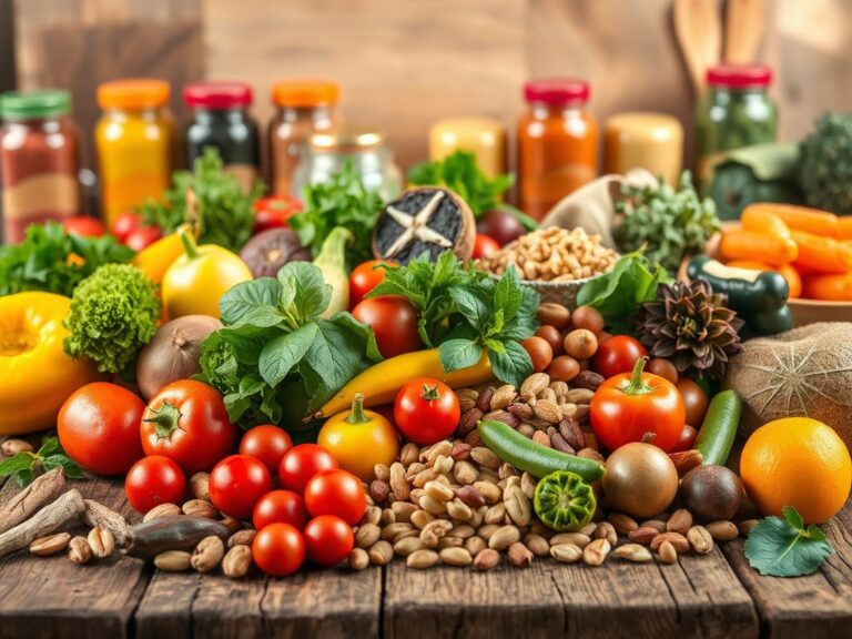 Flick International Vibrant still life of fresh, whole foods including fruits, vegetables, nuts, and legumes on a rustic wooden table