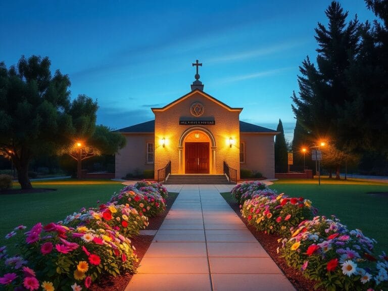 Flick International Serene view of a synagogue at dusk with illuminated architectural features and a vibrant garden representing peace and safety.