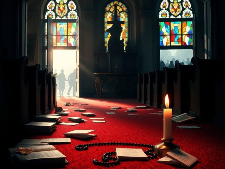Flick International Interior view of a disrupted church with empty pews and scattered hymn books