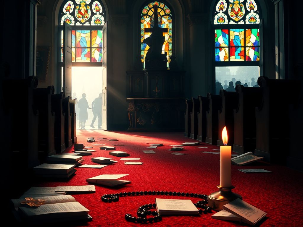Flick International Interior view of a disrupted church with empty pews and scattered hymn books