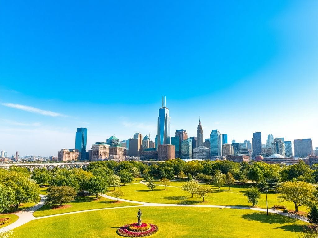 Flick International Vibrant skyline of Dallas with modern skyscrapers and a bustling urban park
