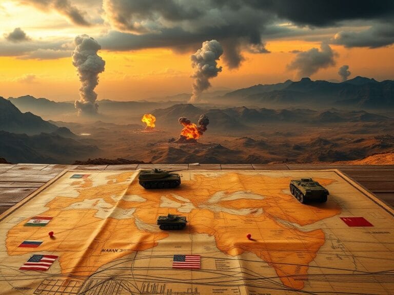 Flick International A dramatic military conflict zone with billowing smoke and a detailed strategy map