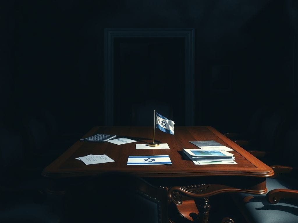 Flick International Abstract representation of political tension with a large wooden table and documents in a dimly lit room.
