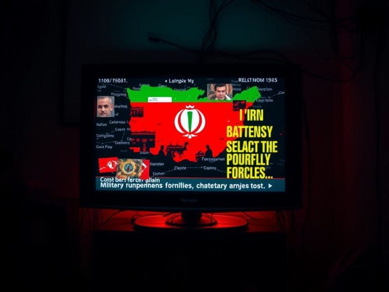 Flick International Hacked Iranian state TV screen showing royal emblem and protest graphics