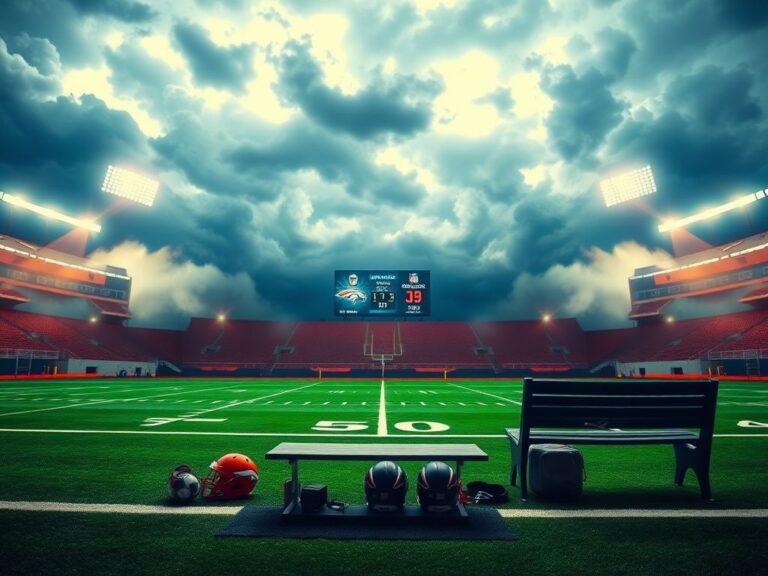 Flick International A dramatic football stadium scene highlighting Denver Broncos and New England Patriots markings