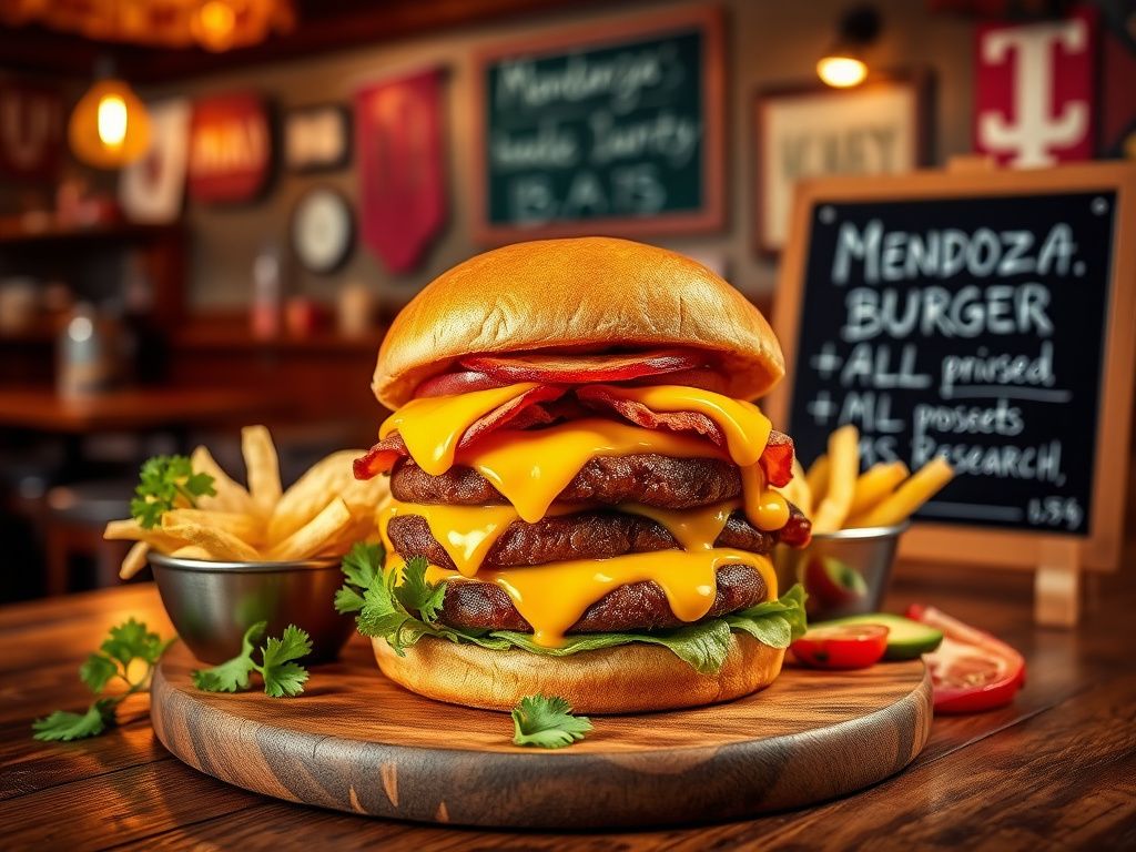 Flick International A Cuban-inspired burger featuring two beef patties, Swiss cheese, grilled onions, and fresh garnishes on a rustic wooden table