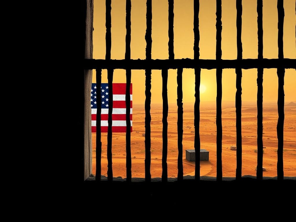 Flick International Iron jail cell symbolizing confinement with a contrasting Somali landscape in the background