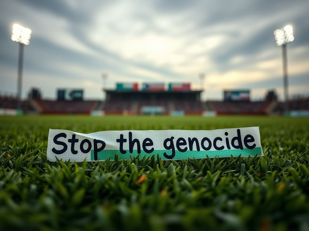 Flick International Close-up of eye tape on a football field with a pro-Palestinian message.