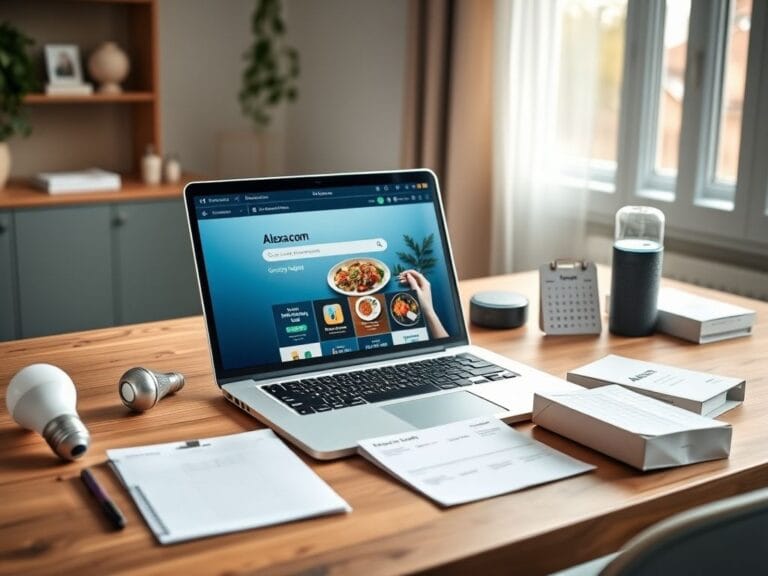 Flick International A modern laptop displaying the Alexa.com homepage surrounded by smart home devices.